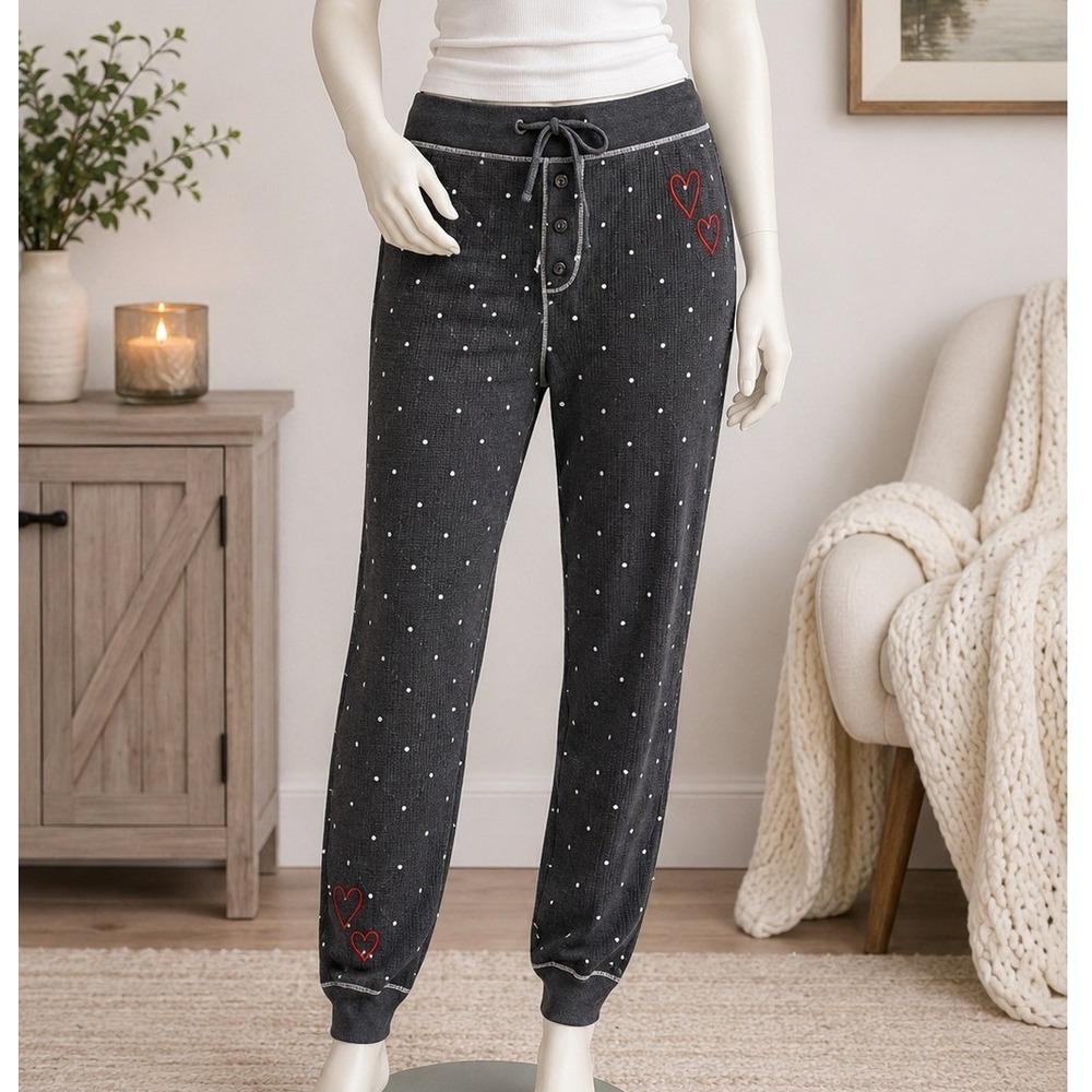 P.J. Salvage Womens Pajama Pants Black Polka Dot Heart Waffle Knit Joggers M